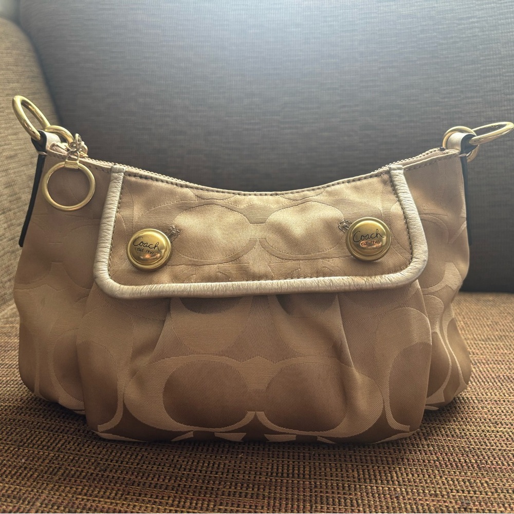 Coach Beige and Gold Shoulder Bag with Gold Accents